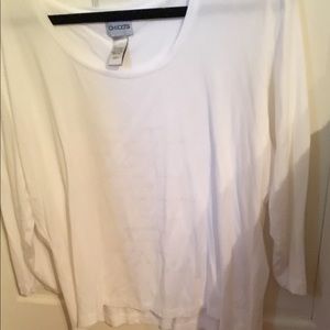 Chico’s t’shirt with faint writing on front.